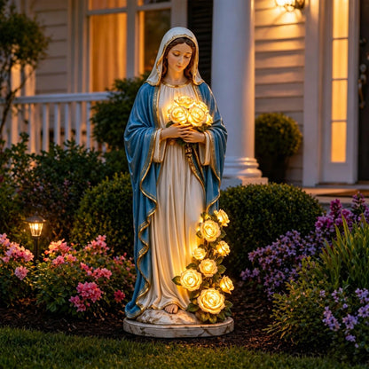 Virgin Mary Statue 7.87 Inch Outdoor Resin Garden Decor With Lighting Roses Religious Figurine Mother's Day Gift