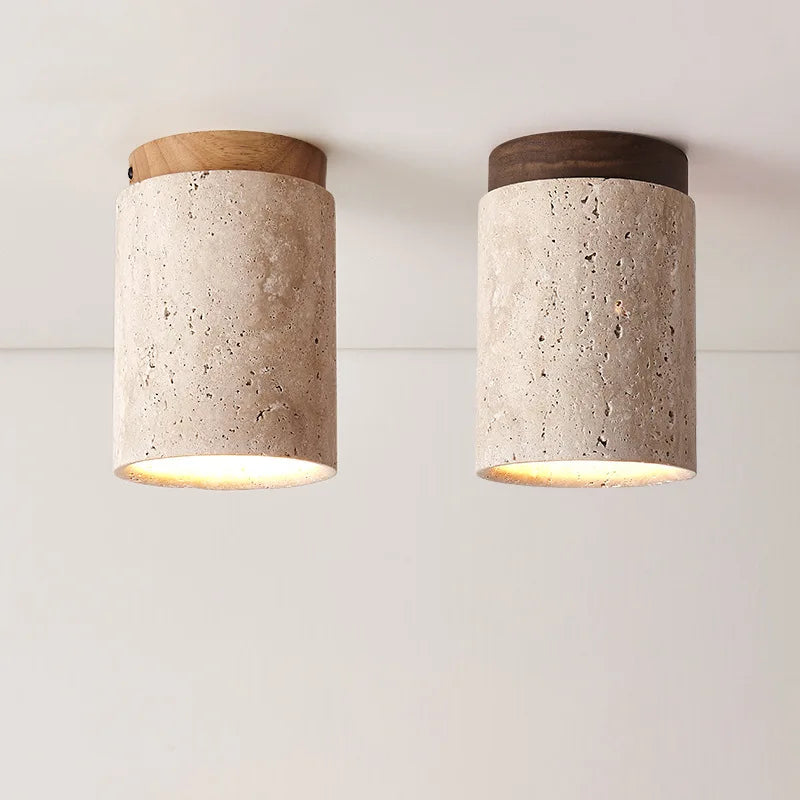 Japandi Travertine Ceiling Light Wood Cap Round Mid Century Lamp