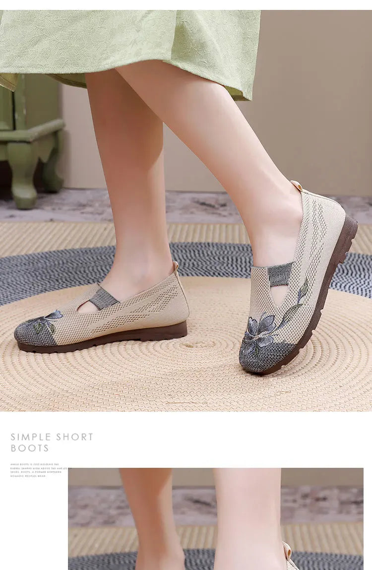 Breathable Women’s Flats - Slip-On Mesh, Embroidered
