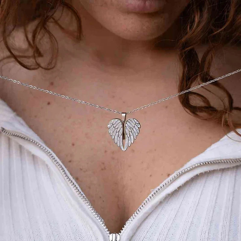 Classic couples' heart pendant necklace – angel wings, zircon stone, metal chain, gift idea