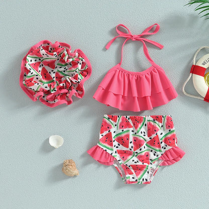 Costume bikini morbido per ragazze - top corto con volant e collo allacciato, stampa squame di sirena, pantaloncini, poliestere, per vacanze estive