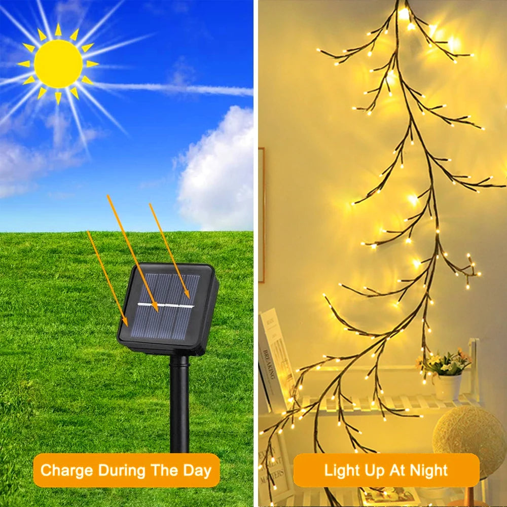 96LED Solar & USB Powered DIY Tree and Vine Lights - 8 Modes Warm White Decorative Lamp for Christmas & Party Home Decor