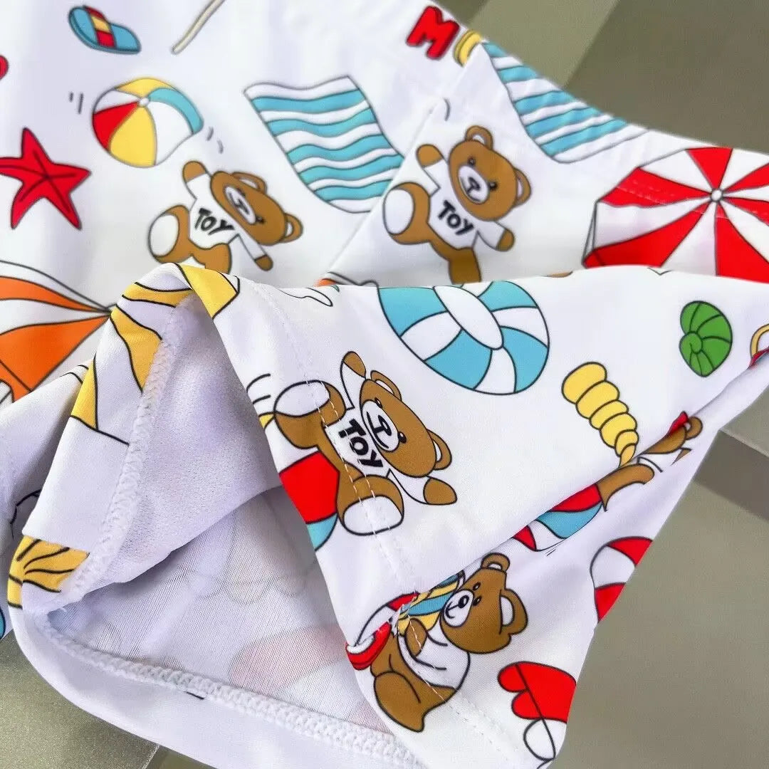 Quick-dry boys' swim shorts – bear-printed, polyester, for summer swimming and beach play