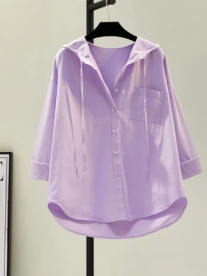 White Women's Blouse in Soft Cotton with Hood, Casual Relaxed Fit for Everyday Comfort and Style-3