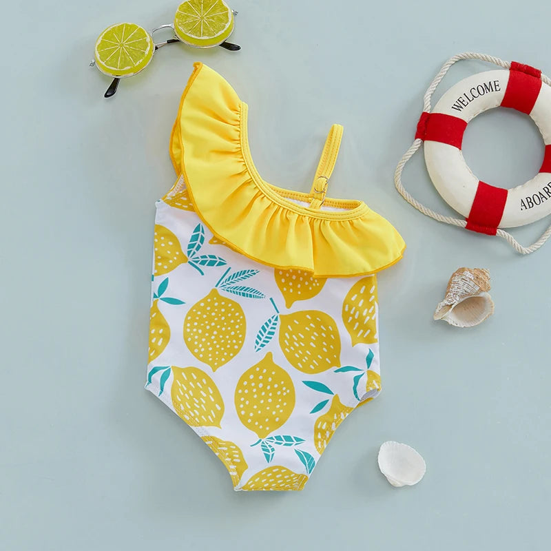 Lightweight Girls' Swimsuit - One-Shoulder Ruffle, Lemon Print, Polyester, Summer Beachwear