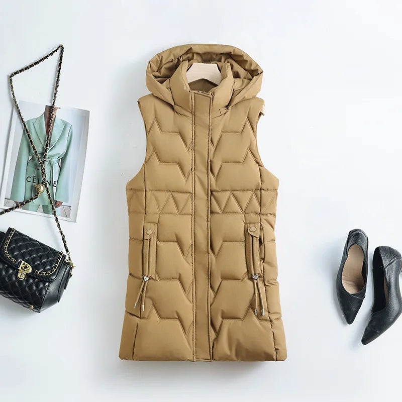 Lightweight Cozy Women Long Puffer Vest - Hooded Down