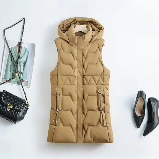 Lightweight Cozy Women Long Puffer Vest - Hooded Down