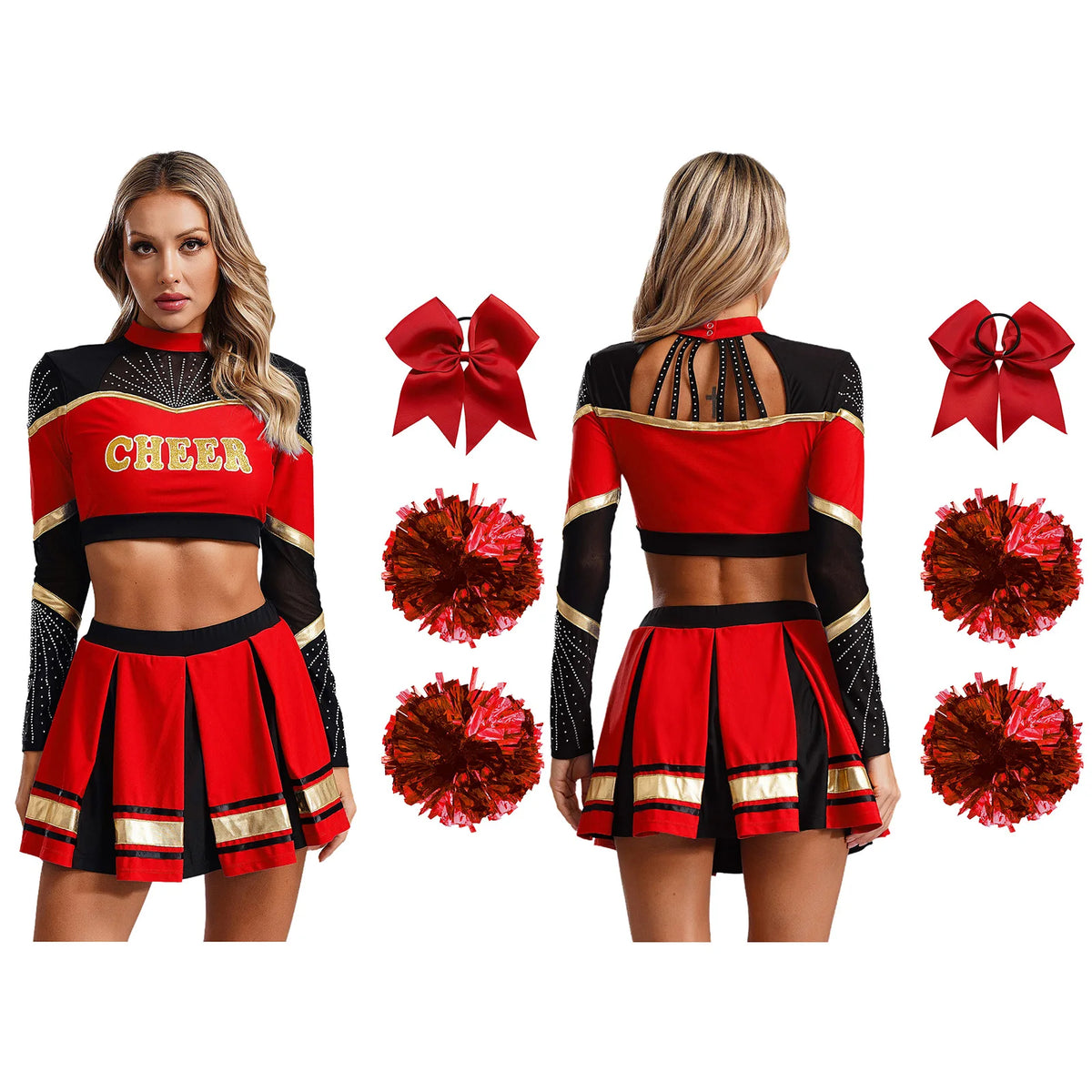 Cosplaykostuum voor cheerleaderoptredens voor vrouwen, crop-top met lange mouwen en geplooide rok met pompons 2026
