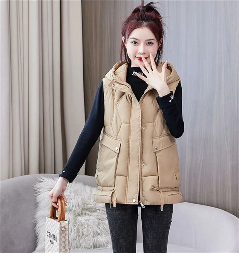 Warm Cozy Women Puffer Vest - Hooded Midlength, Winter