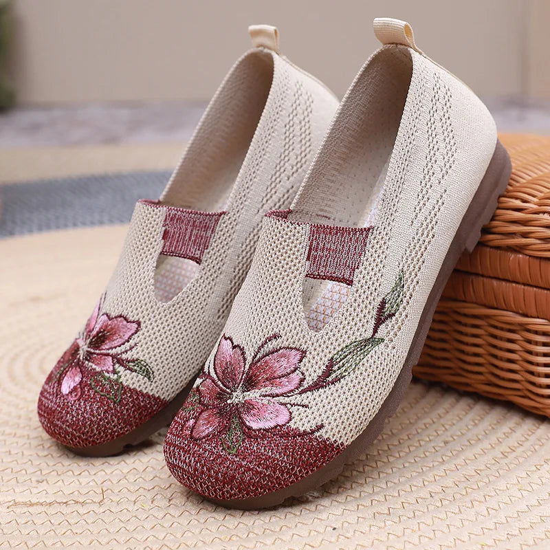 Breathable Women’s Flats - Slip-On Mesh, Embroidered