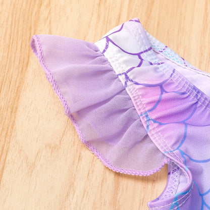 Quick-Dry Durable Girls' One-Piece Swimsuit – Mermaid-Scale Print, Ruffle Sleeves, Tulle, Polyester Elastane, Beach