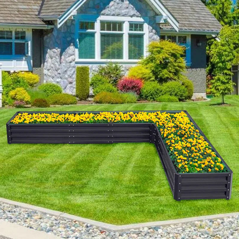 L-Shaped Metal Raised Garden Bed, Galvanized Steel Raised Planter Box for Outdoor Flower and Vegetable Gardening, Charcoal Black