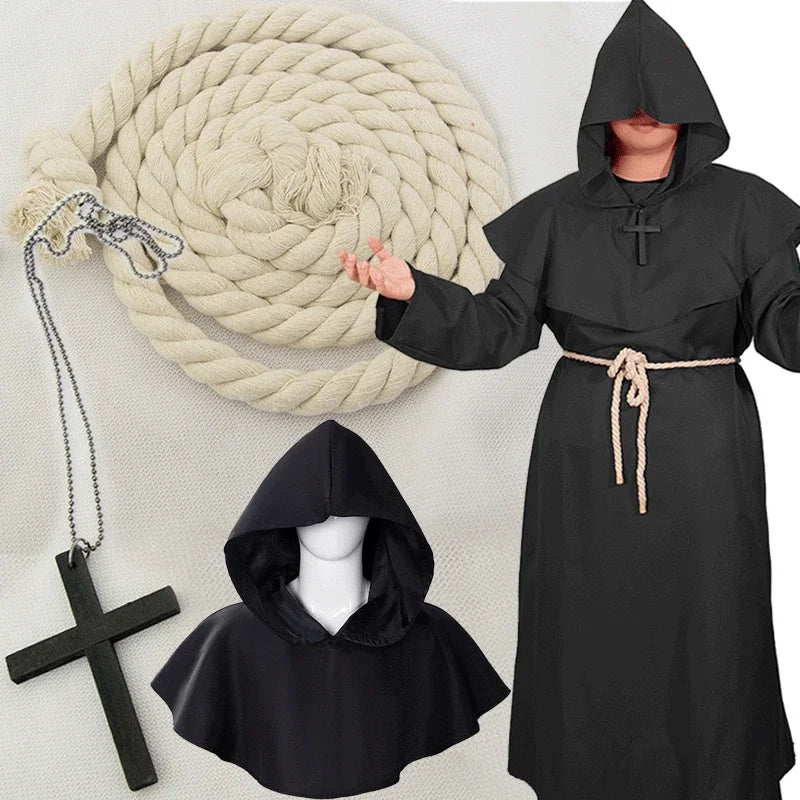 Middeleeuwse monnikenmantel met kap, tovenaarstovenaar-riddercape, Halloween-cosplaykostuum voor volwassenen 2026