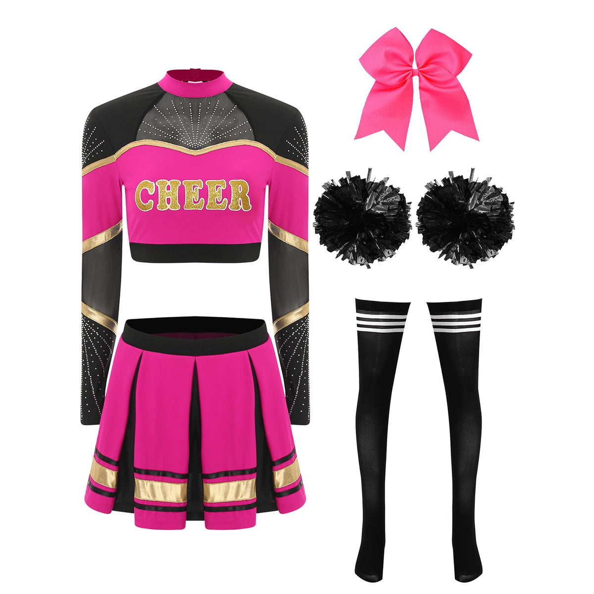 Cosplaykostuum voor cheerleaderoptredens voor vrouwen, crop-top met lange mouwen en geplooide rok met pompons 2026