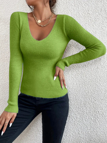 Fitted Flattering Women’s Ribbed Sweater - Scoop Neck, Knit