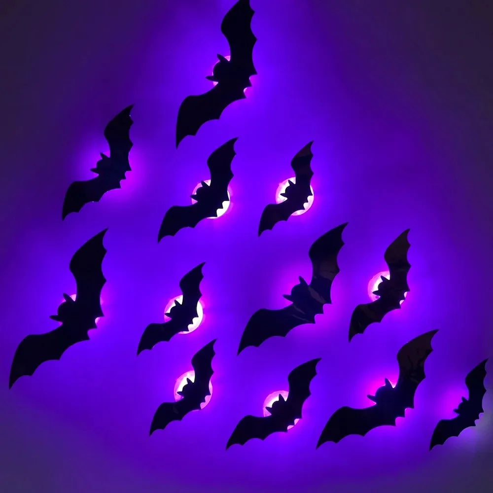 3D-paarse en groene LED-nachtlamp als Halloween-vleermuis en -spin, zelfklevende muurstickers voor huis en feestdecoratie 2026