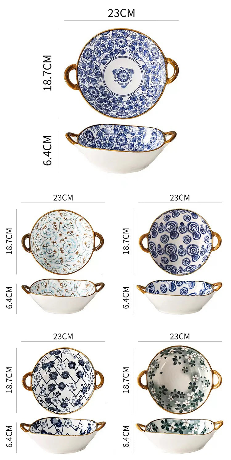 7.5 tums japansk keramisk nudelskål med handtag blå