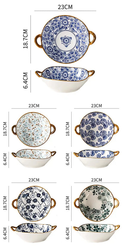 7.5 tums japansk keramisk nudelskål med handtag blå