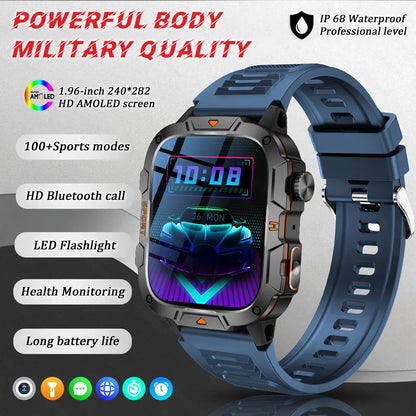 Smartwatch Rugged Military Grade – 1.96 Inch AMOLED Display, 5ATM Waterproof, Bluetooth Call Fitness Tracker, Fall 2025