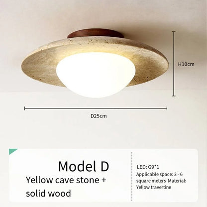 Japandi Travertine Ceiling Light Wood Cap Round Mid Century Lamp
