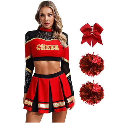 Cosplaykostuum voor cheerleaderoptredens voor vrouwen, crop-top met lange mouwen en geplooide rok met pompons 2026