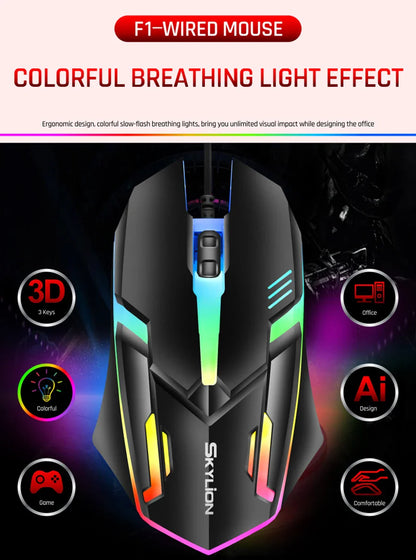Mouse da gioco cablato RGB 3 pulsanti USB precisione ufficio