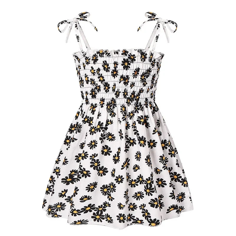 Soft girls' floral sundress - smocked bodice, polyester, for casual beach party