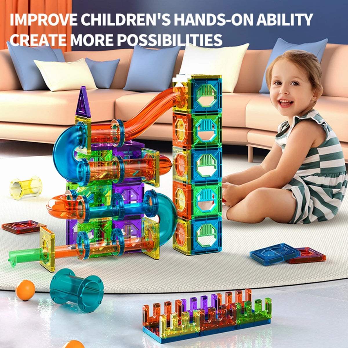 3D Magnetic Building Tiles for Kids - Clear STEM Educational Toys, Creative Marble Run Blocks Set