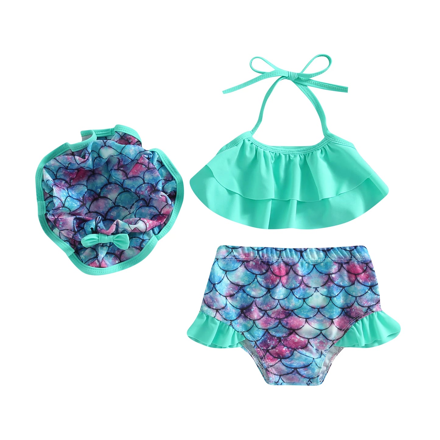 Costume bikini morbido per ragazze - top corto con volant e collo allacciato, stampa squame di sirena, pantaloncini, poliestere, per vacanze estive