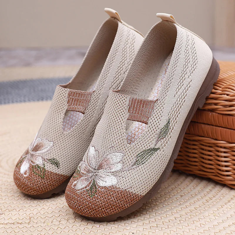 Breathable Women’s Flats - Slip-On Mesh, Embroidered