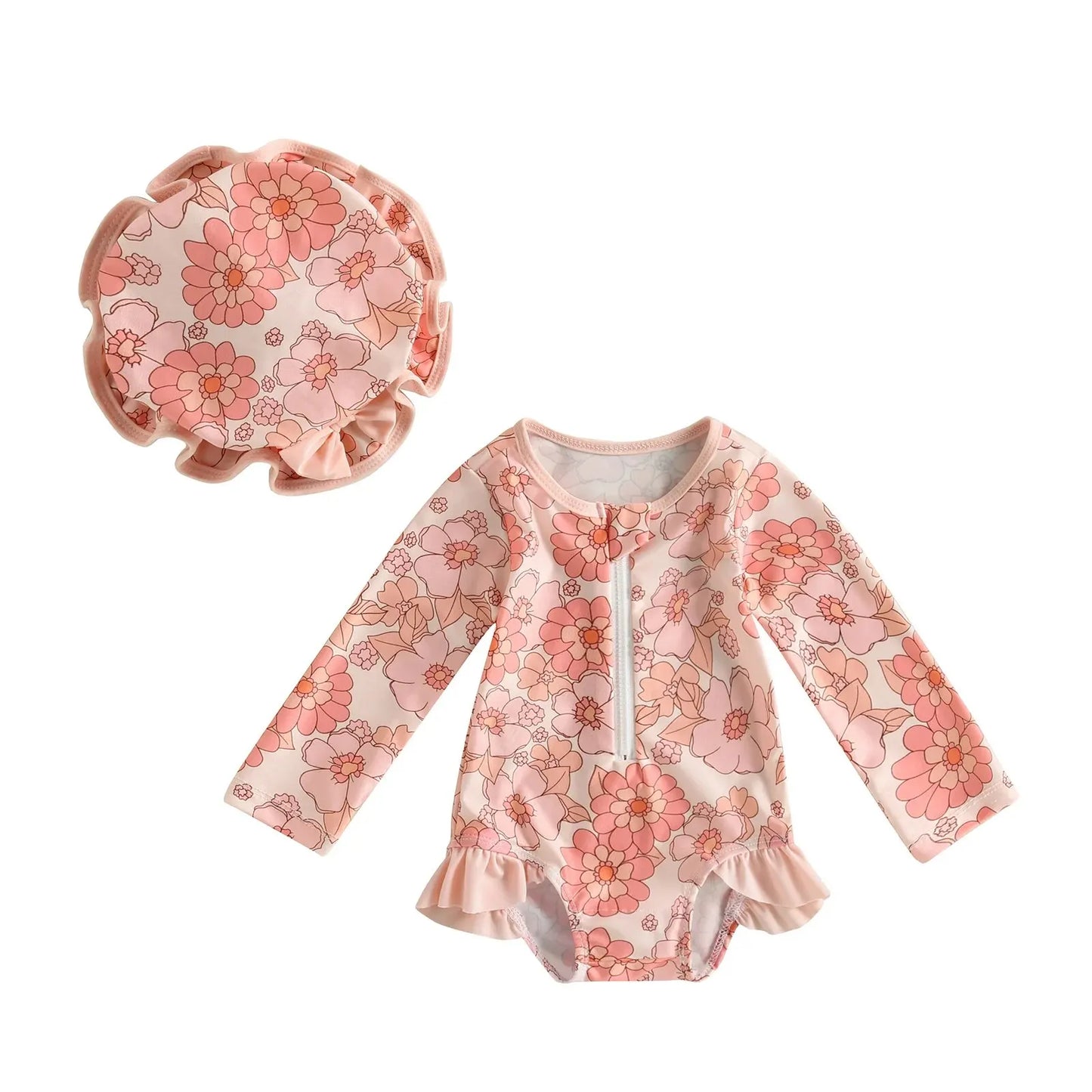 Let spædbarn pige badedragt heldragt – langærmet lynlås, flamingo blomsterprint, polyester, til sommer