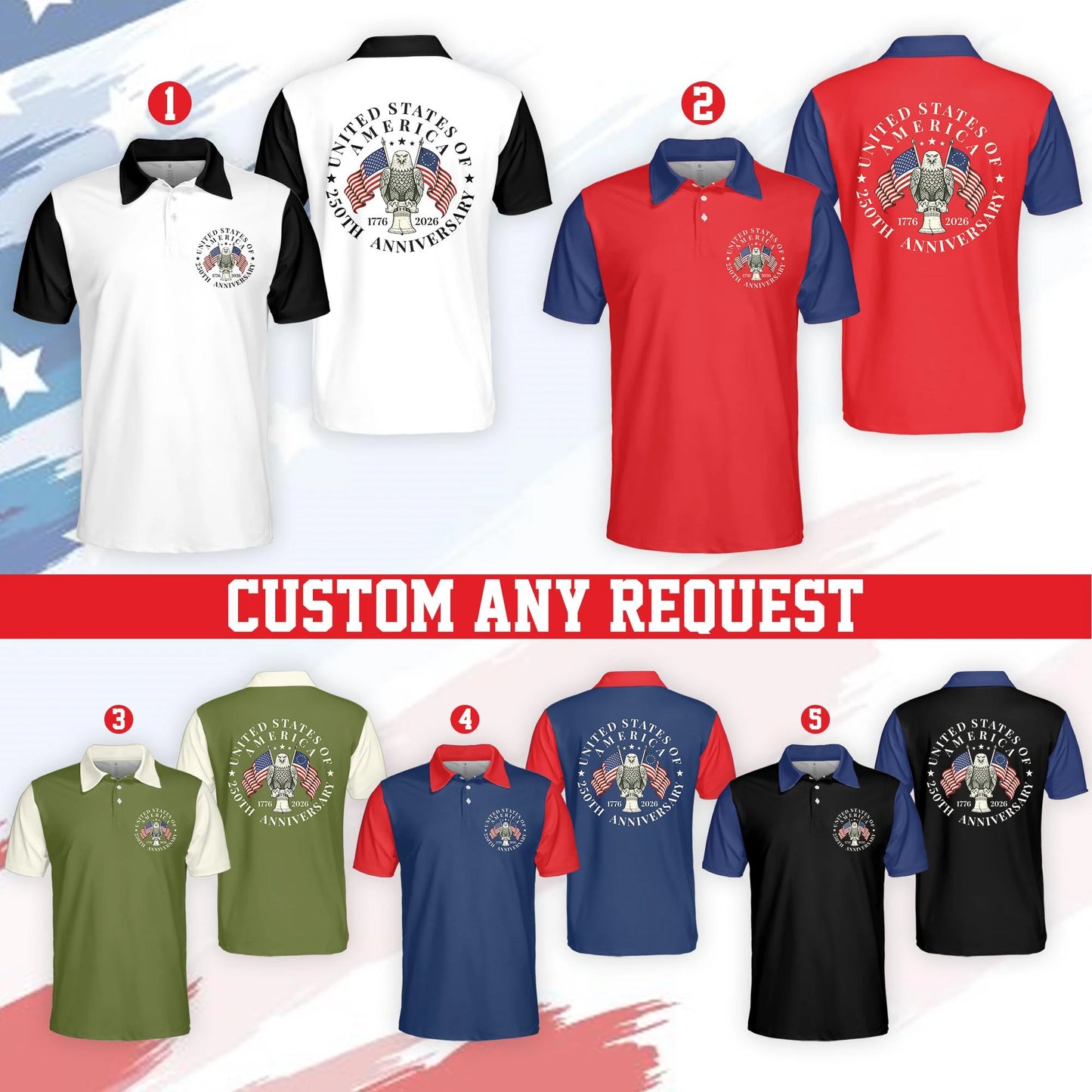 Breathable men's golf polo shirt - short sleeve, cotton blend, for patriotic events