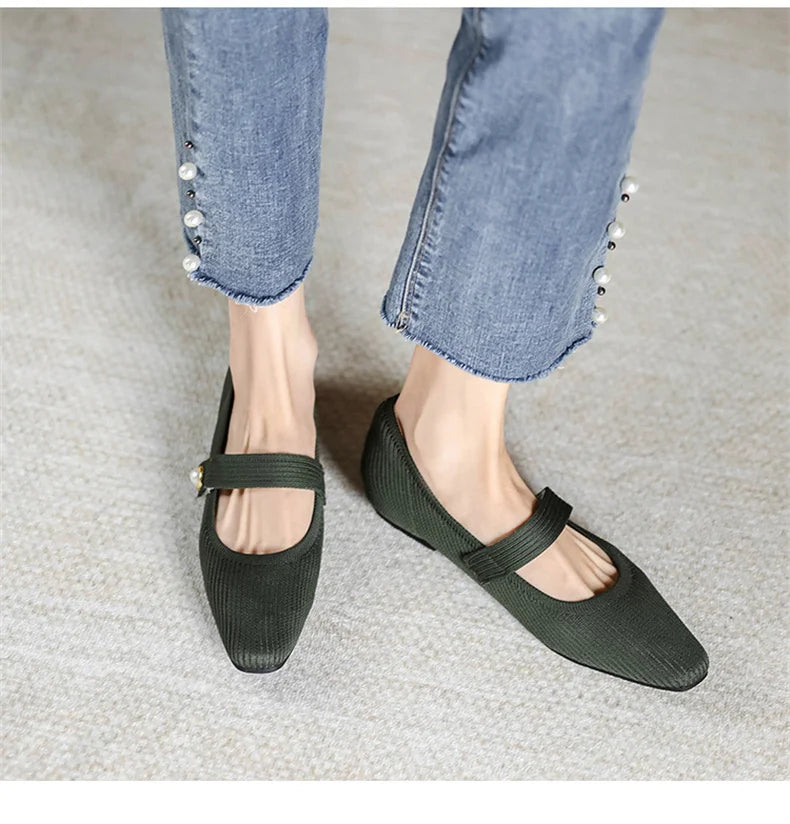 Stretchy Women Mary Jane Flats - Ribbed Knit For Spring