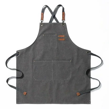 Grembiule da chef in tela con spallacci incrociati, grembiule da lavoro con rifiniture in pelle e tasche Autunno 2025 resistente per barbecue e officina