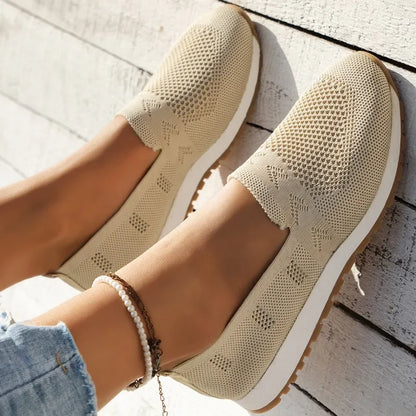 Solid Color Casual Flats Slip-On Mesh Breathable Round Toe Shoes Women's