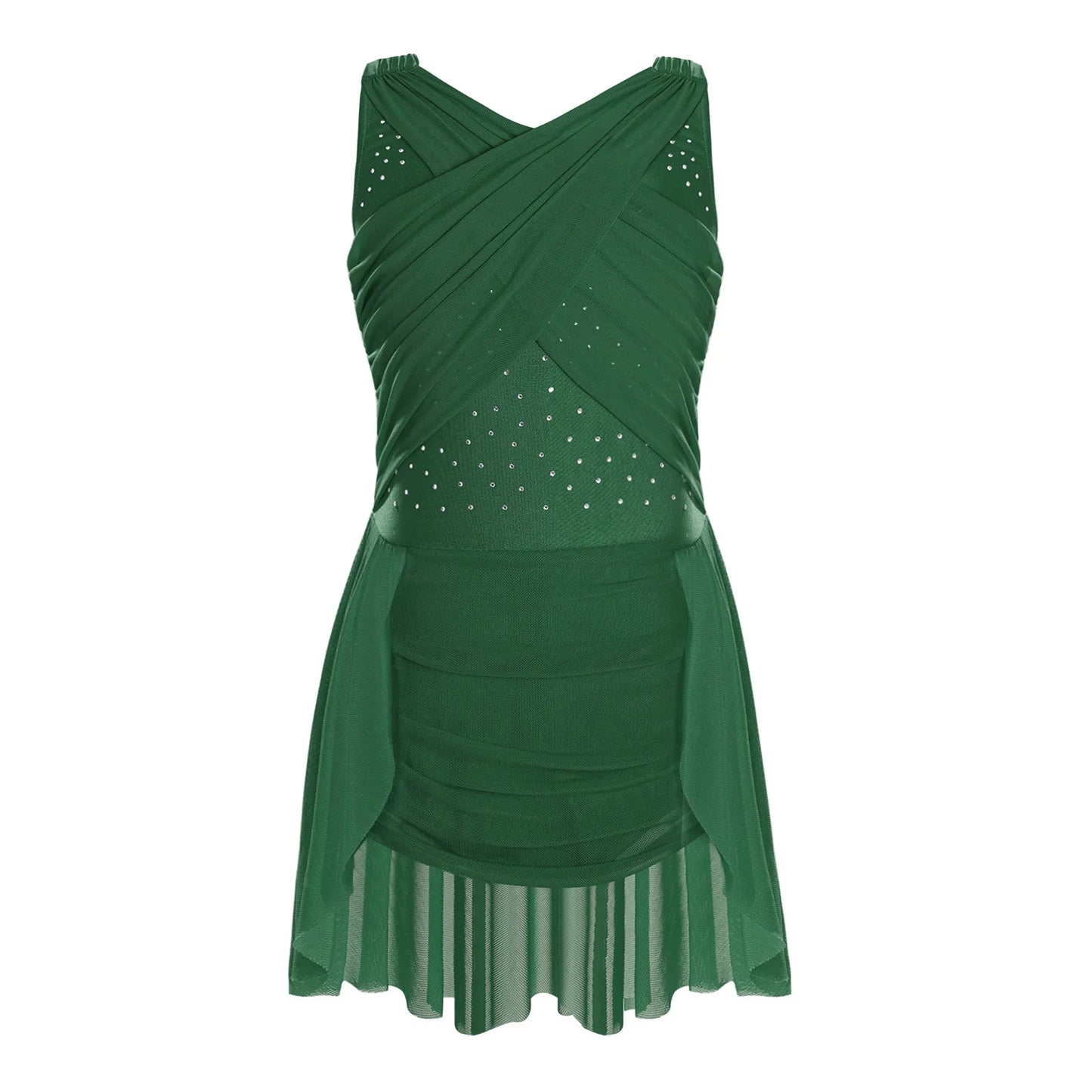 Lightweight Girls' Leotard - Rhinestone Embellished, Mesh Skirt, Polyester/Nylon/Elastane, For Ballet, Gymnastics