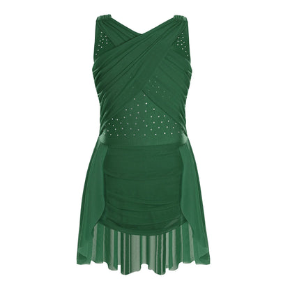 Lightweight Girls' Leotard - Rhinestone Embellished, Mesh Skirt, Polyester/Nylon/Elastane, For Ballet, Gymnastics