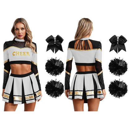 Cosplaykostuum voor cheerleaderoptredens voor vrouwen, crop-top met lange mouwen en geplooide rok met pompons 2026
