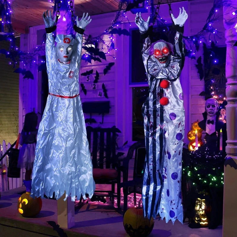 Animatronische hangende clownverpleegster met spraakbediening, elektrisch Halloween-griezelrekwisiet voor buiten en spookhuizen 2026