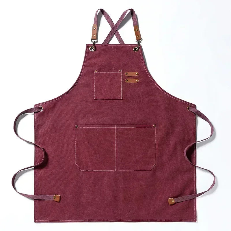 Grembiule da chef in tela con spallacci incrociati, grembiule da lavoro con rifiniture in pelle e tasche Autunno 2025 resistente per barbecue e officina