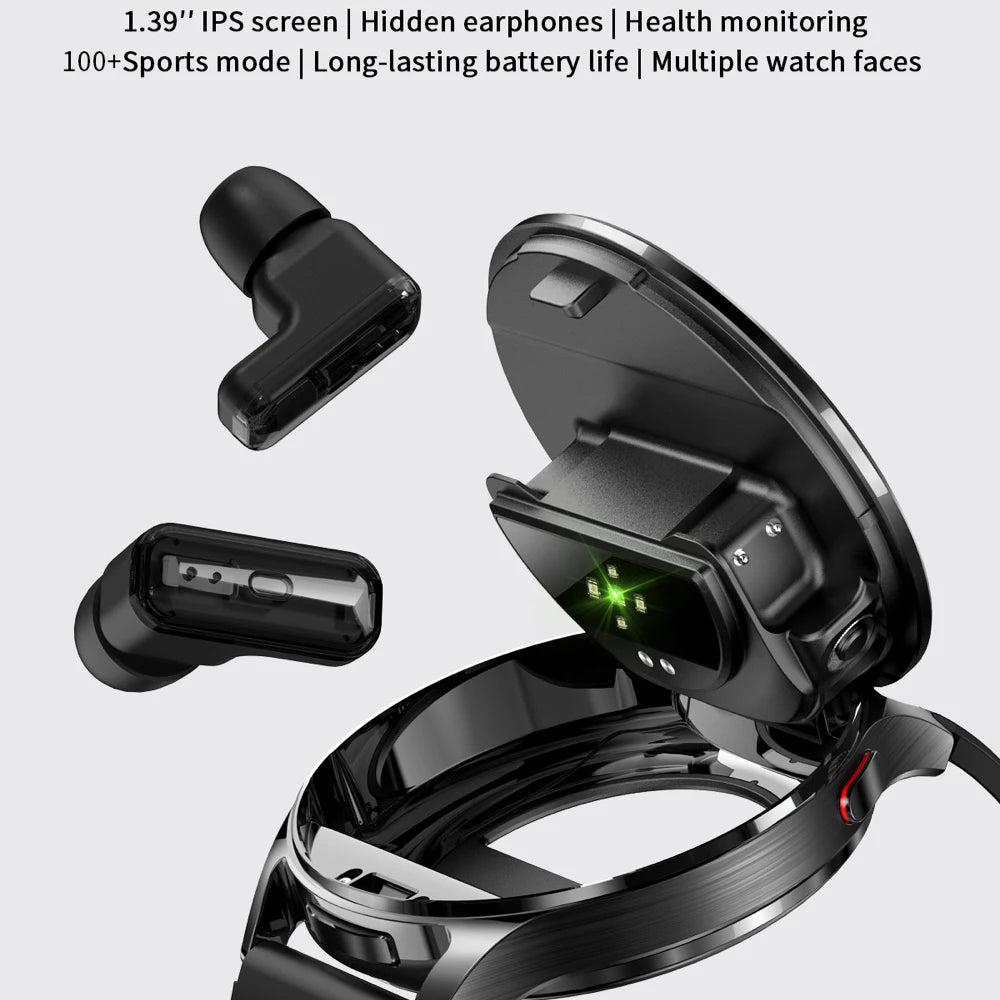 Smartwatch med TWS-øretelefoner, 1,39-tommer touchskærm, pulsmåler, multisport-tilstand, 300mAh batteri efterår 2026