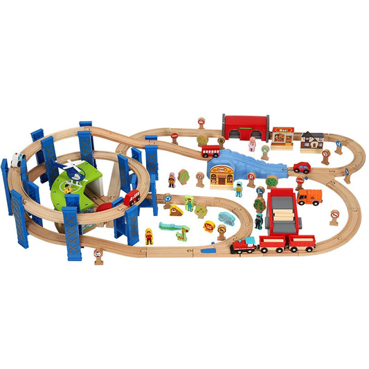 Wooden Train Set with Circular Bridge - Vibrant Green Garage Track for Kids, Compatible with Electric Cars