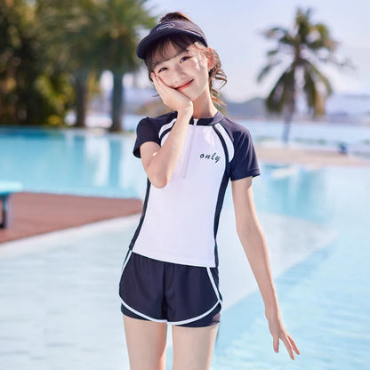 Quick-dry girls' two-piece swimsuit - zip-front rash guard top, nylon, for beach and pool