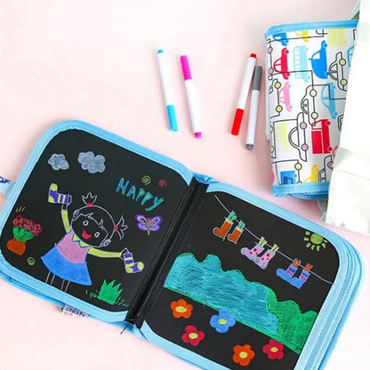 Tablero de dibujo mágico de 6 caras para niños: tablero de borrado educativo con 3 bolígrafos de tiza, lados transparentes y negros, actividad divertida para colorear