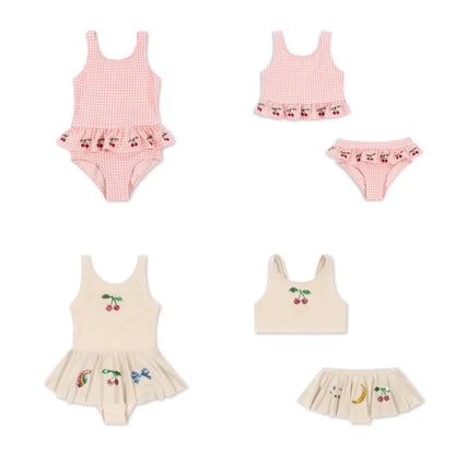 Quick-dry girls’ swimwear - checkered cherry print bikini set, nylon, for summer vacation
