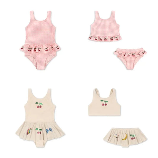 Quick-dry girls’ swimwear - checkered cherry print bikini set, nylon, for summer vacation
