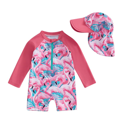 Let holdbar toddler pigebadedragt med rashguard - langærmet blomster flamingo print, polyester elastan, strandtøj