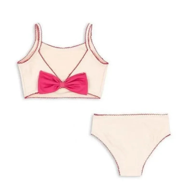 Lightweight girls' swimsuit - stripe long-sleeve, bow accent, nylon, for summer beach days