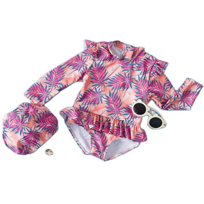 Soft Girls' One-Piece Swimsuit - Long Sleeve, Lace Design, Polyester, Sun Protection Beachwear