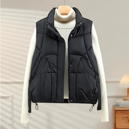 Warm Women's Puffer Vest - Quilted High Collar, Polyester
